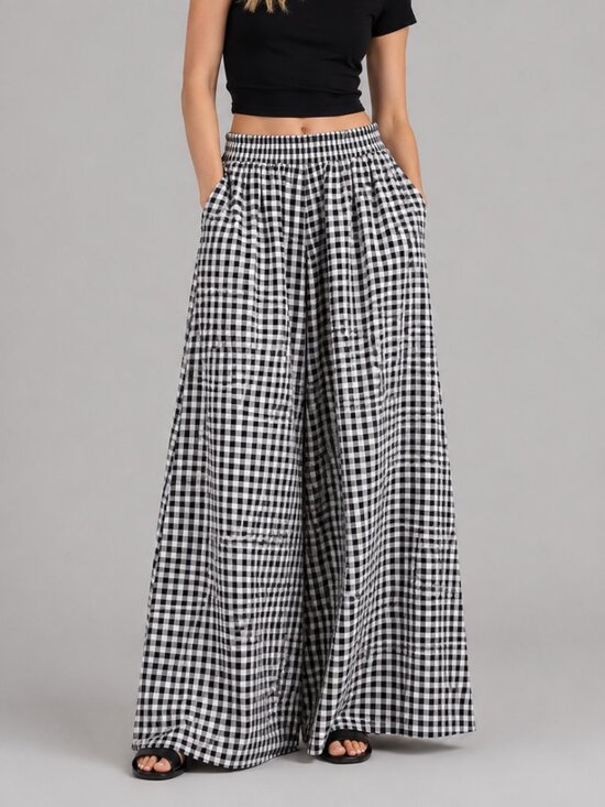Pants - Women's Cotton Gingham Wide Leg Pants High Waist Elastic Plaid Palazzo Trousers